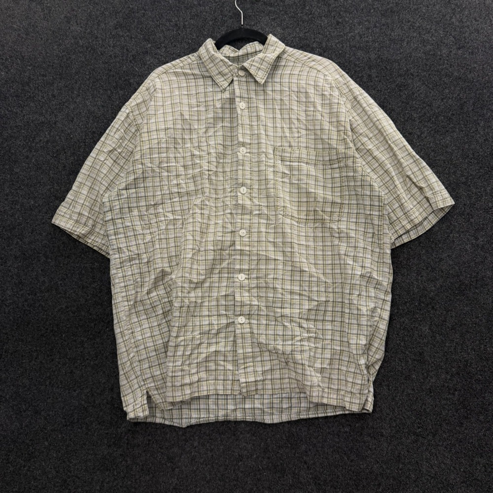 Vintage 90s Utility Mens Large Plaid Short Sleeve Button Down Shirt Cotton Green